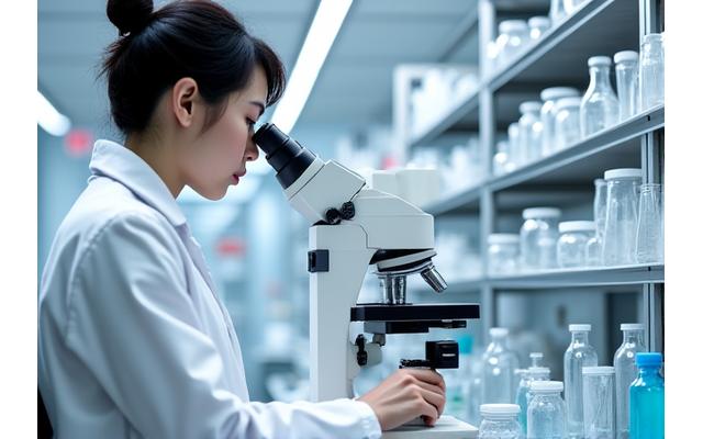 清潔な研究室で品質検査を行う専門家、精密機器と試験管が並べられている