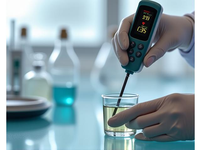 実験室でpHメーターを使って製品の品質チェックをしている手元のクローズアップ